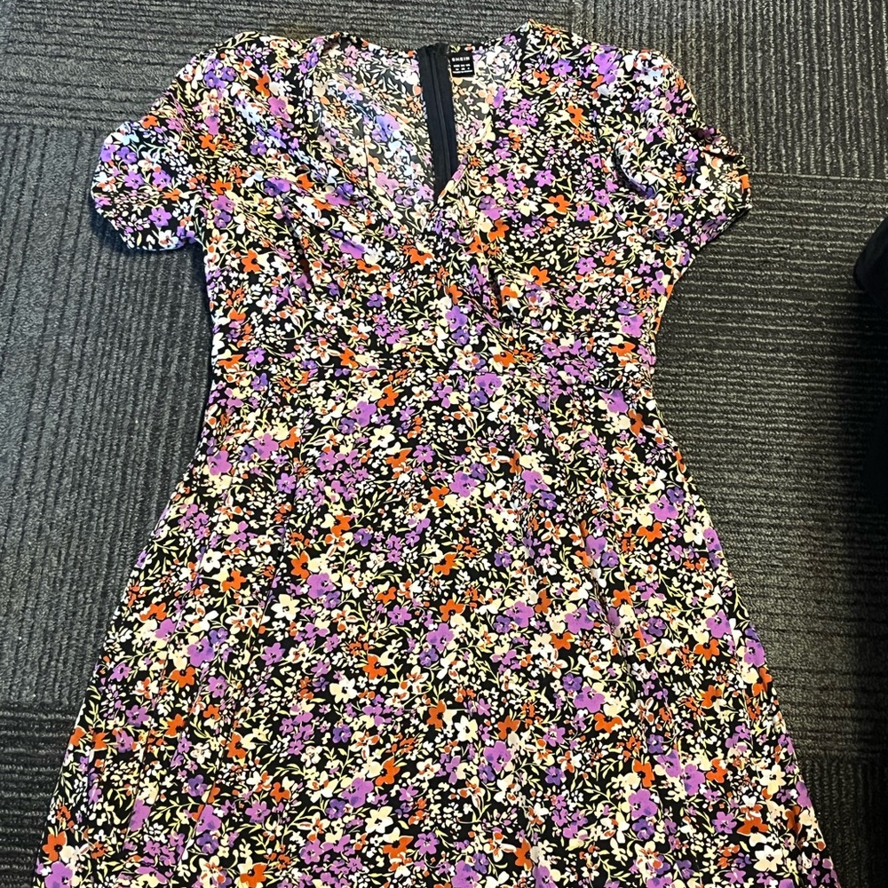 SHEIN Pink and Yellow Puff Sleeve V-Neck Sundress